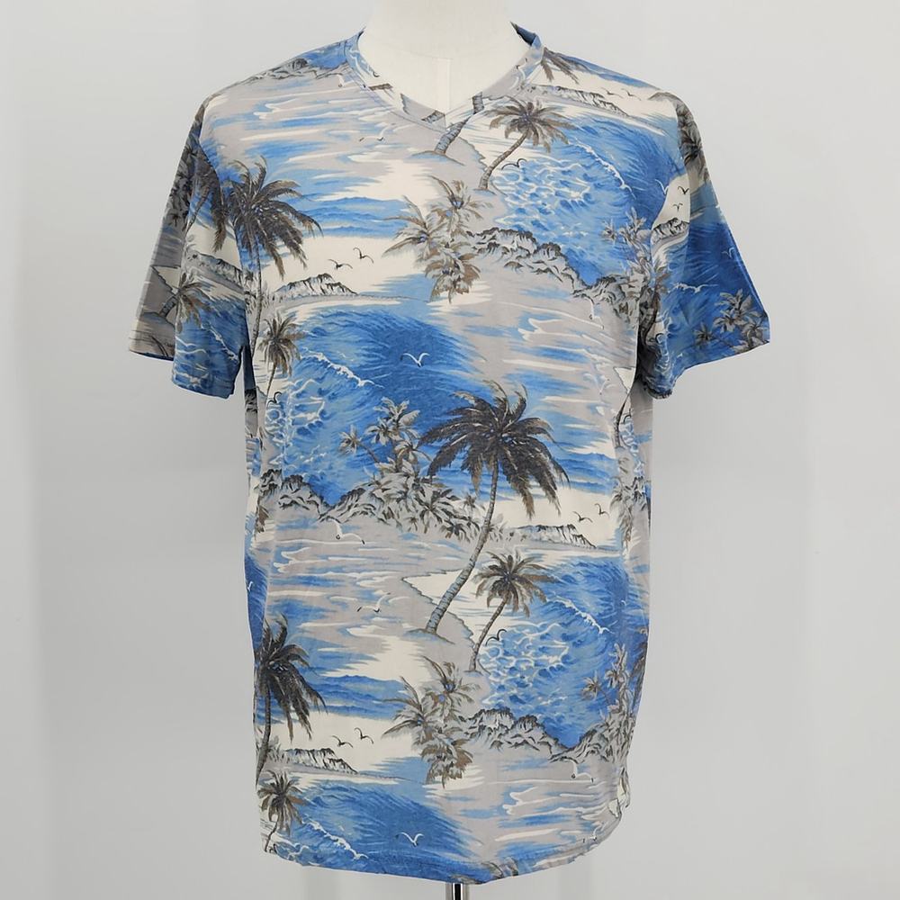 Tori Richard Honolulu Mens Shirt L Blue Thin Allover Graphic Palm Island Life